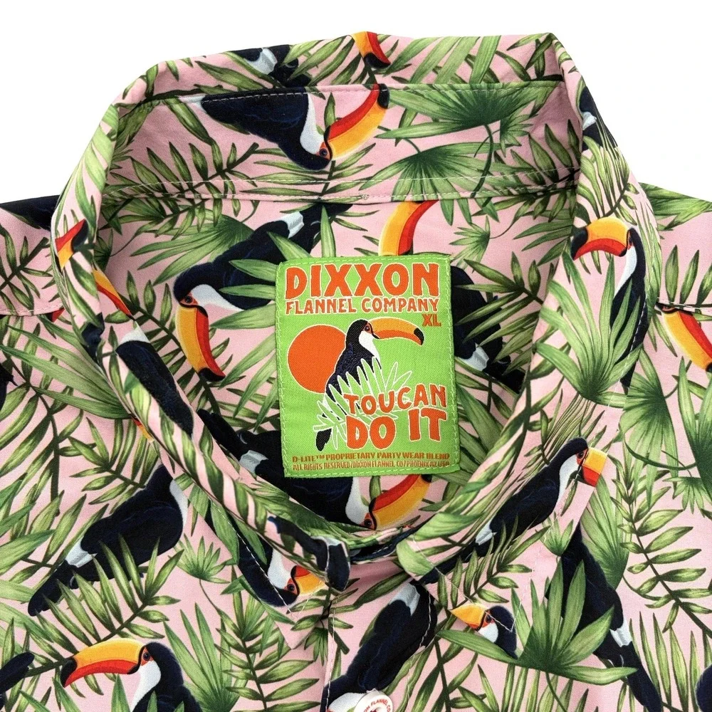Dixxon Shirt Mens XL Pink Green Toucan Do It Hawaiian Button Up Tropical Bird